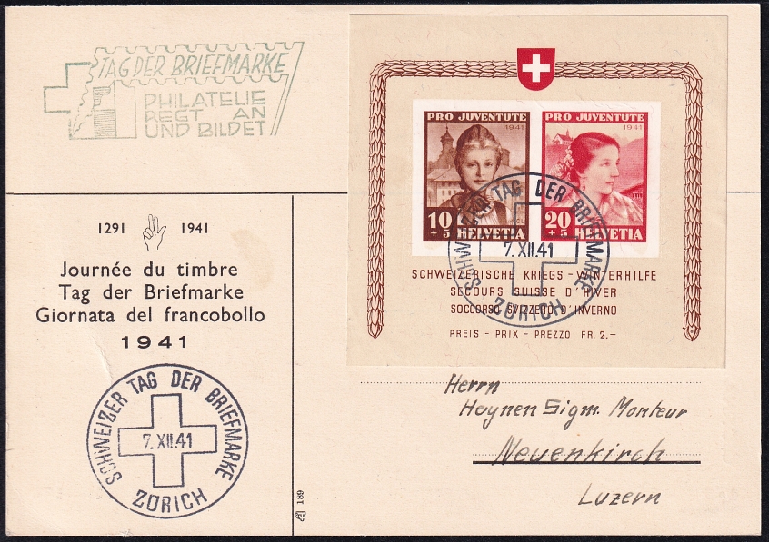 Schweiz Tag Der Briefmarke 1941 Karte Frankiert Mit Block 98I 99I