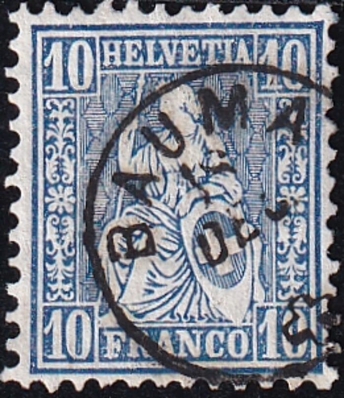 1862 Sitzende Helvetia 10 Rp. blau, Fingerhutstempel BAUMA