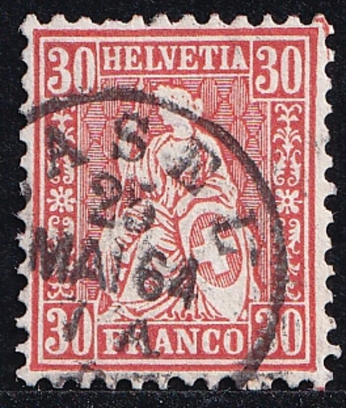 1862 Sitzende Helvetia 30 Rp. zinnober, sauber gestempelt BASEL