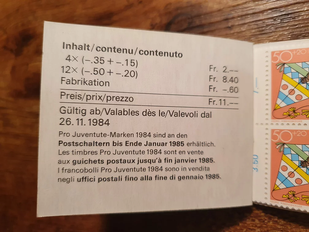 Schweiz Markenheftchen PJ 1984 Nr. WI/33 mit 4 x CHF 0.35er, 12 x CHF 0.50er – Bild 4