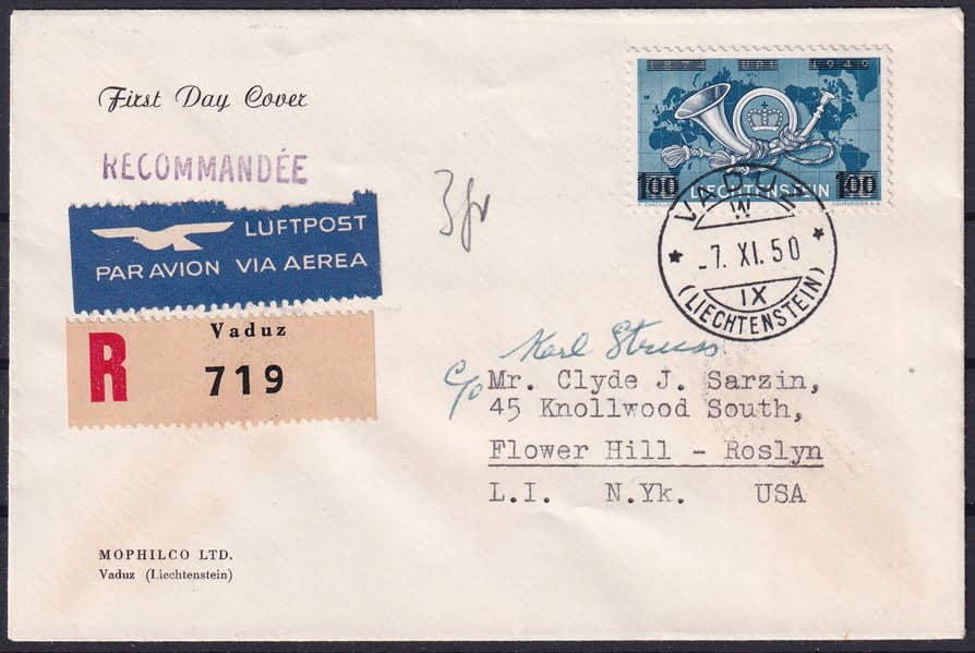 Liechtenstein 1950 Nr. 235 FDC in die USA
