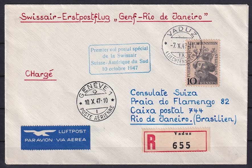 Liechtenstein 1947 Nr. 247 Swissair Erstflug Genf - Rio