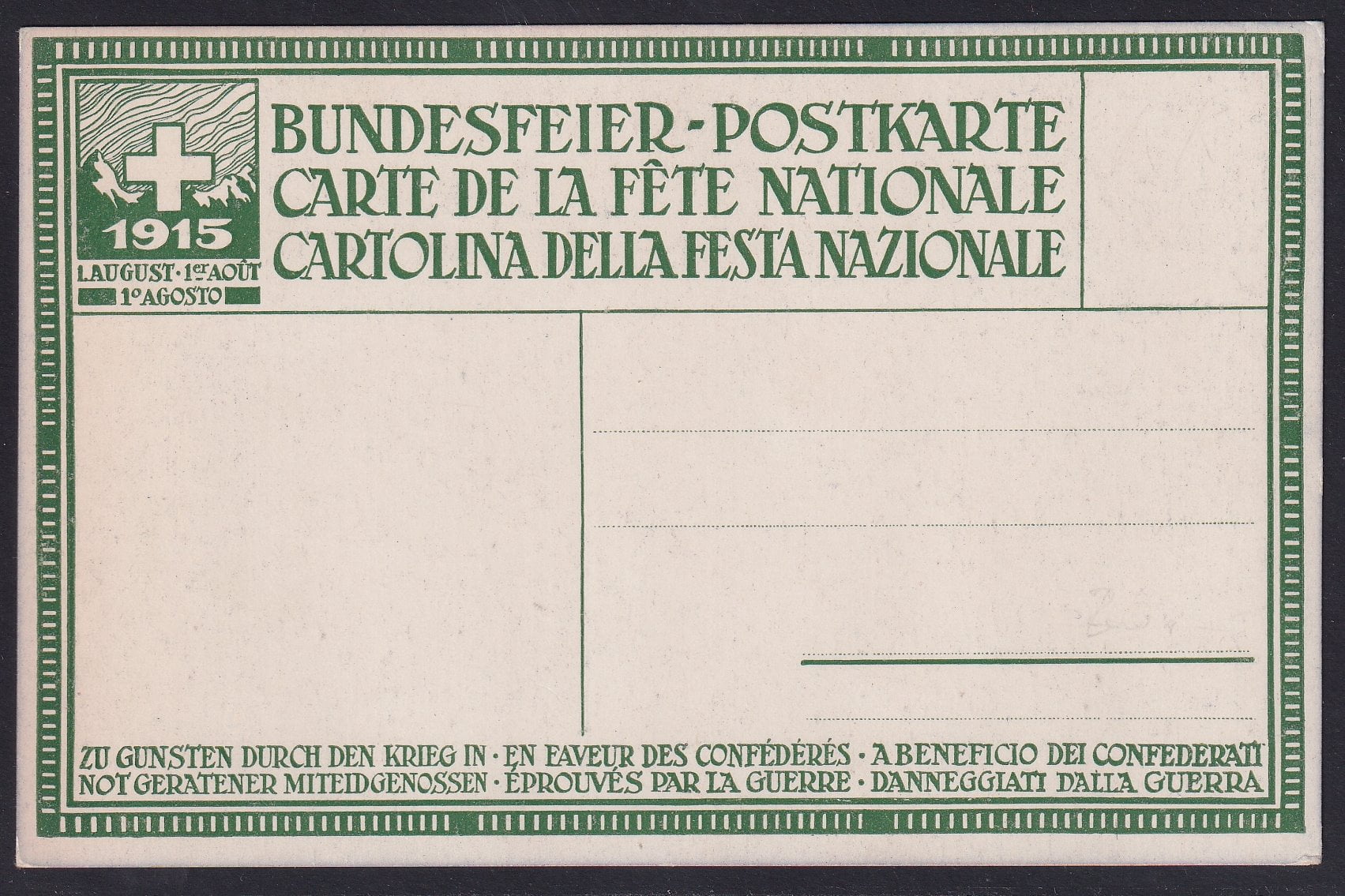 Schweiz Bundesfeierkarte 1915 Nr. 12 o "Helvetia mit Notleidenden" ungebraucht – Bild 2