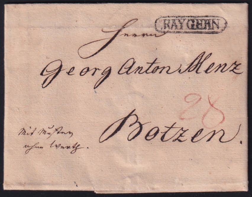 Vorphilatelie Österreich 04.01.1823 "Klein Urhau (Mähren)" => "Raigern" => "Bozen (Tirol)"