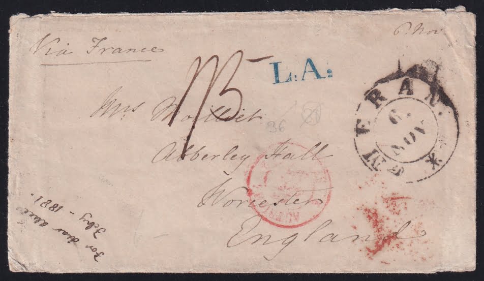 Vorphilatelie Österreich 06.11.1845 "Meran (Tirol)" => "Feldkirch" => "London" => "Worcester (England)"