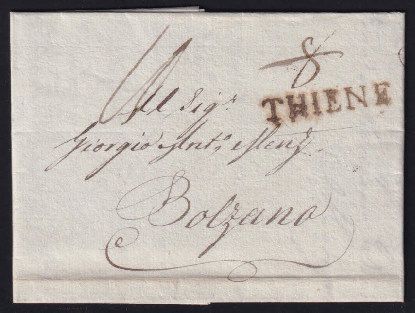Vorphilatelie Österreich 15.03.1821 "Thiene (Lombardei Venetien)" => "Bozen (Tirol)"