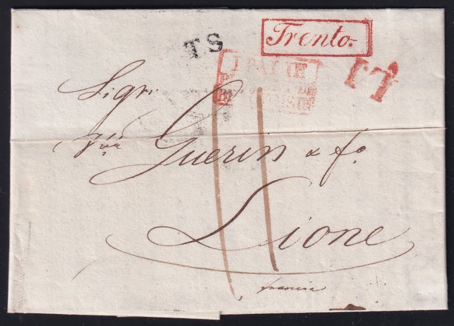 Vorphilatelie Österreich 25.05.1837 "Trient (Tirol)" => "Sardinien" => "Lyon (Frankreich)"
