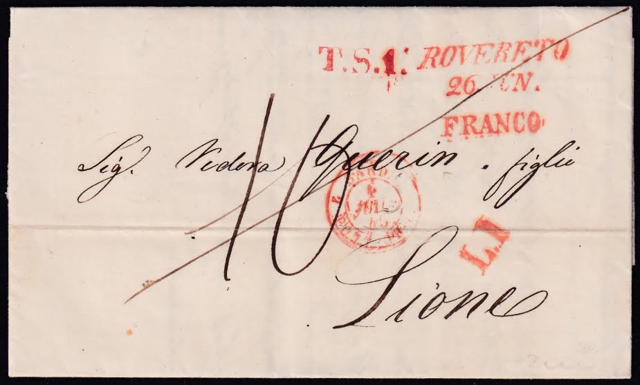Vorphilatelie Österreich 26.06.1840 "Rovereto (Tirol)" => "Sardinien" => "Lyon (Frankreich)"