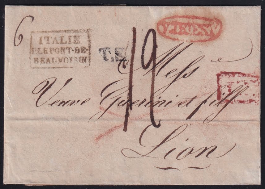 Vorphilatelie Österreich 27.4.1826 "Triest" => "Mailand" => "Pt. de Beauvoisin" => "Lyon"