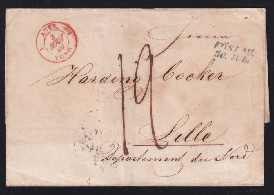 Vorphilatelie Österreich 30.7.1849 "Vöslau" => "Valenciennes" => "Lille"