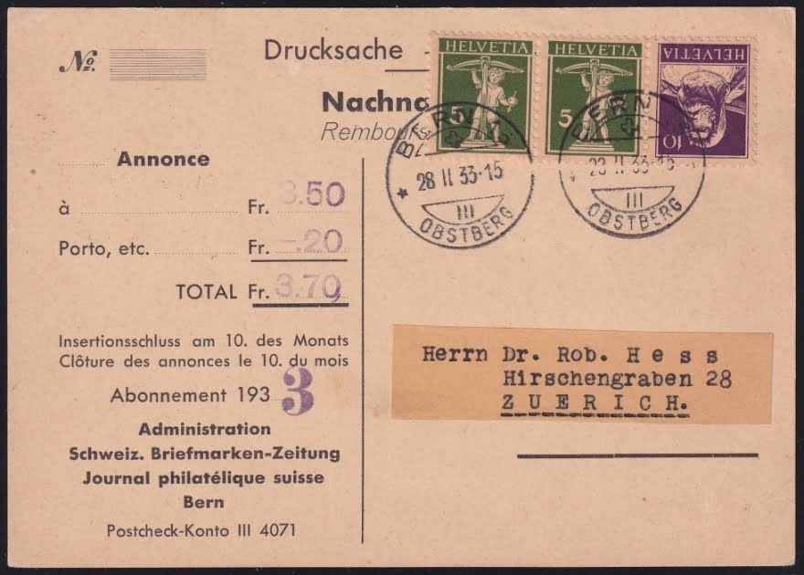 Schweiz 1933 Kehrdruck SBK Nr. K26 auf Drucksache - Nachnahme Karte "BERN"