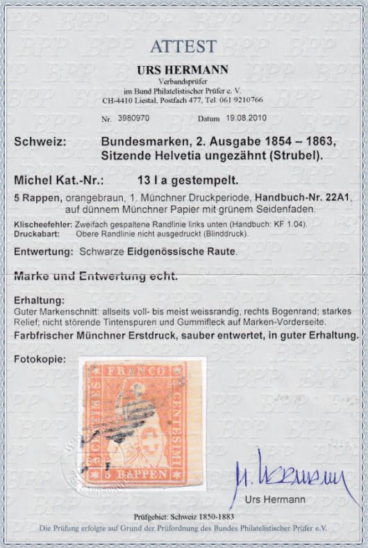Schweiz Strubeli 1854/63 Nr. 22 Aa (A1) mit Klischeefehler und Druckabart - vollrandig mit Bogenrand – Bild 3