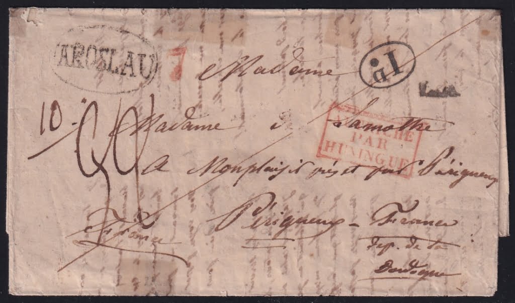 Vorphilatelie Österreich 12.1837 "Jaroslau (Galizien)" => "Hüningen" => "Pirigueux"