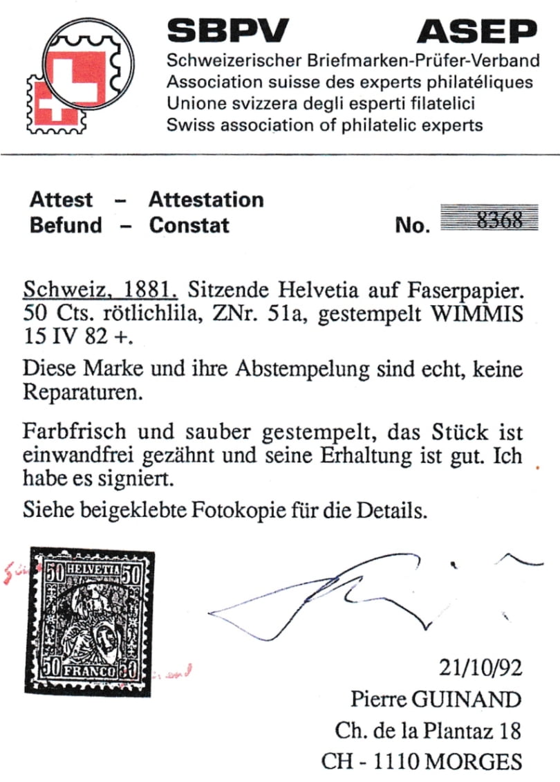 Schweiz sitzende Helvetia 1881 Nr. 51a gestempelt "WIMMIS" 15.IV.82 – Bild 3