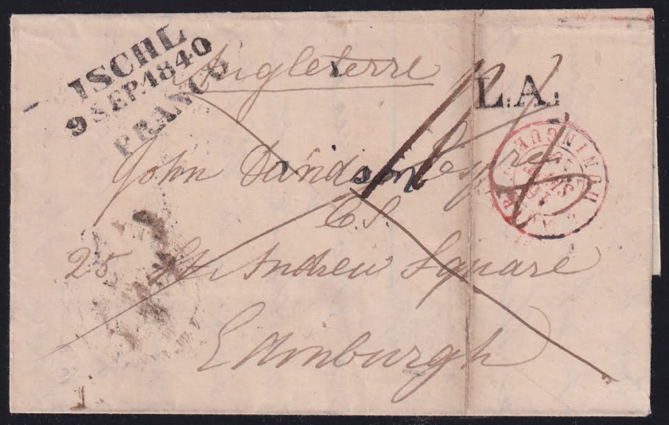 Vorphilatelie Österreich 09.09.1840 "Ischl" => "Hüningen" => "Paris" => "London" => "Edinburgh"
