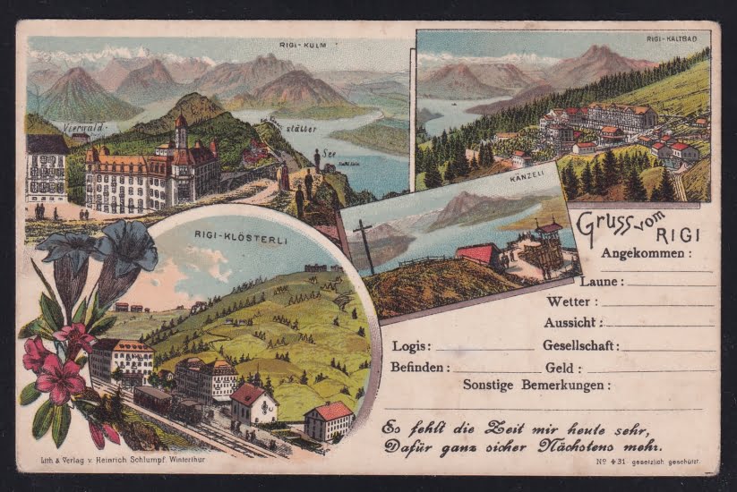 Schweiz Lithographie 1900 "Gruss vom RIGI" 4 Bilder