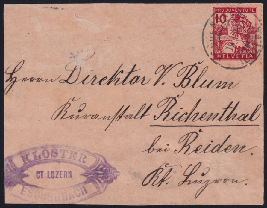 Schweiz Pro Juventute 1915 SBK Nr. J3 "Luzernerli" auf Briefausschnitt gestempelt "ESCHENBACH" Vollstempel