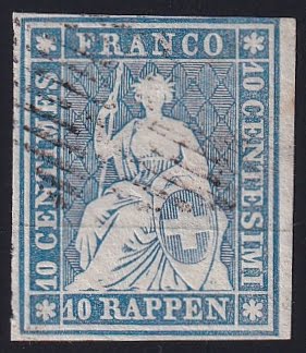 Schweiz Strubeli 1854 Nr. 23 A, Bogenrand rechts, sig. Renggli