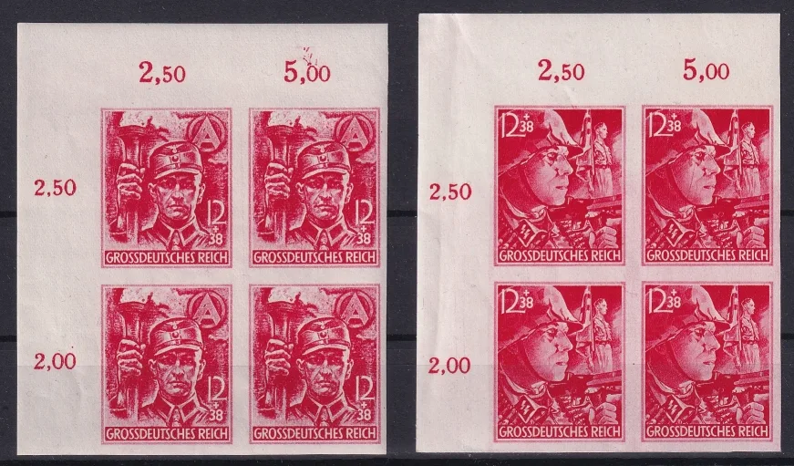 Deutsches Reich Nr. 909U und 910U geschnitten 4er Blocks Bogenecken Nummern 1-2 und 11-12 postfrisch mit Abart