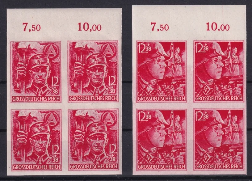 Deutsches Reich Nr. 909U und 910U geschnitten 4er Blocks Bogenränder Nummern 3-4 und 13-14 postfrisch mit Abart