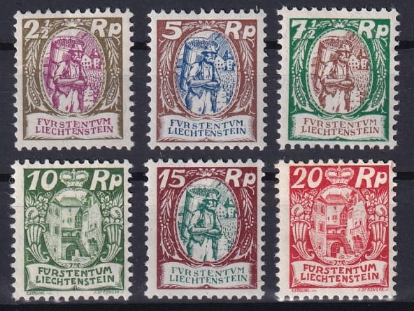 Liechtenstein, 1924-27, Freimarken, Winzer und Schlosshof