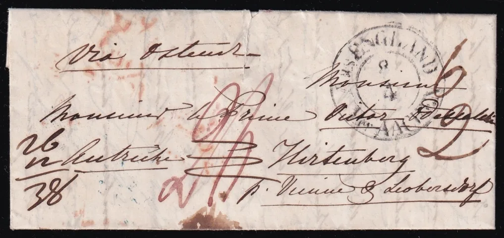 Postgeschichte Österreich 05.04.1849 Richmond - London - Ostende - Aachen - Wien - Löbersdorf - Hirtenberg