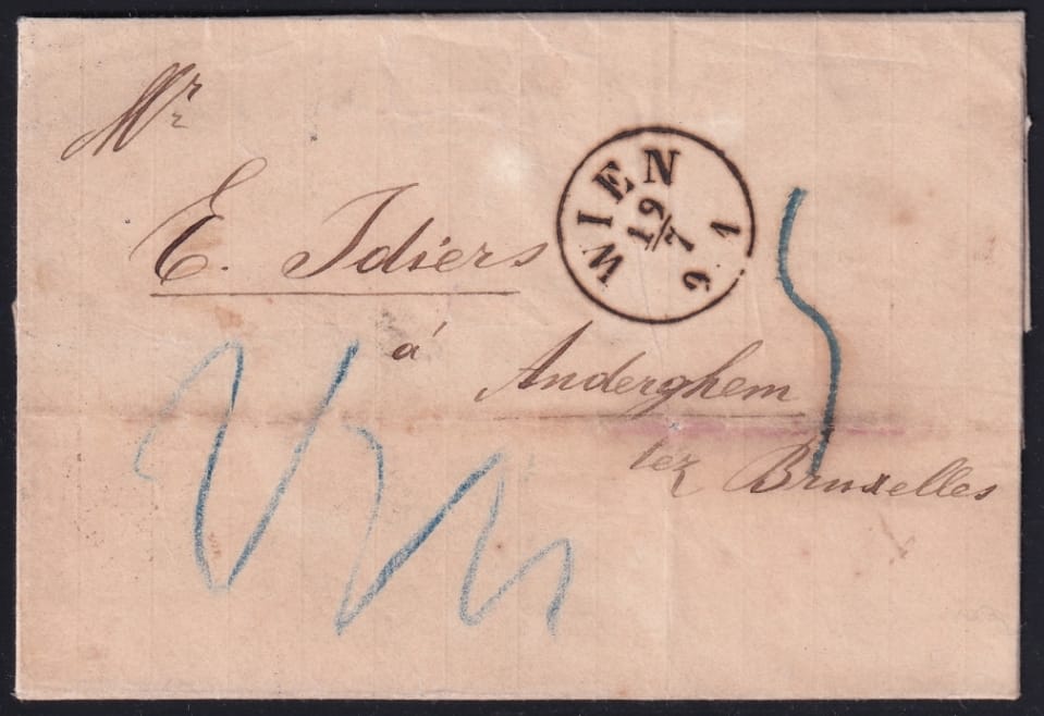 Postgeschichte Österreich 19.07.1866 "Wien" - "Aachen" - "Boitsfort" - "Brüssel (Belgien)"