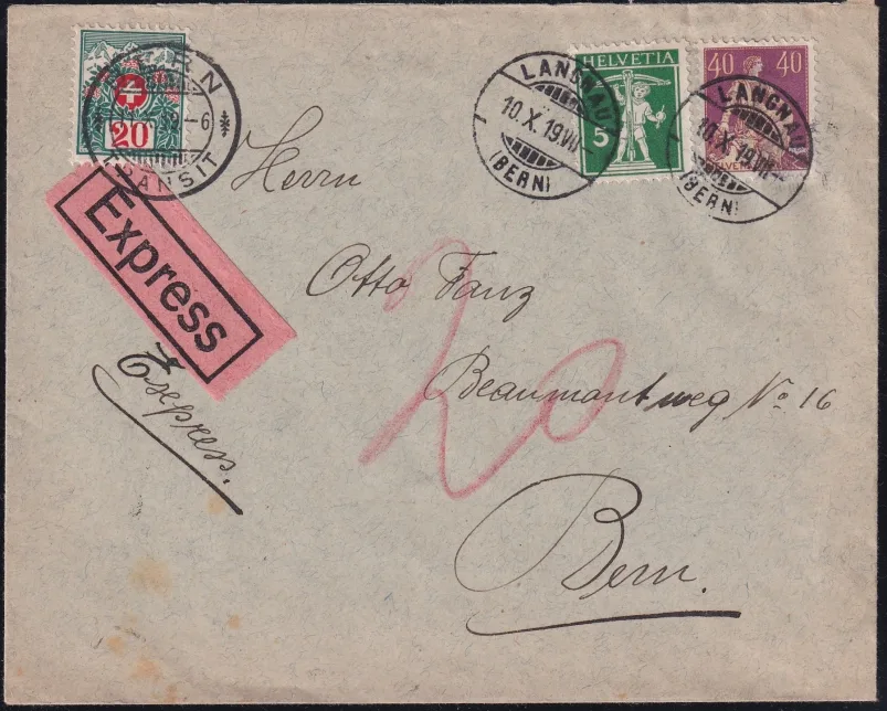 Schweiz Frankaturen ab 1907, Express-Brief ab Langnau