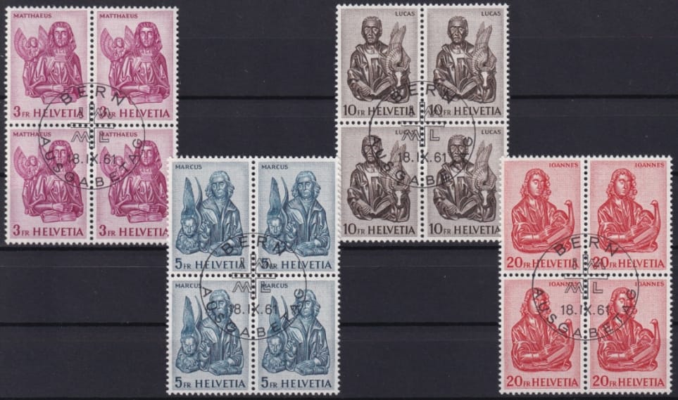 Schweiz Freimarken, 1961 Evangelisten Viererblocks mit ET Stempel