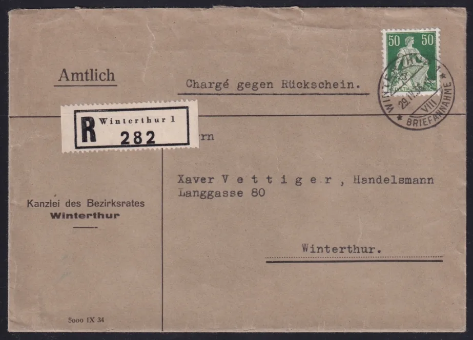 Schweiz Helvetia mit Schwert, R-Brief mit Rückschein
