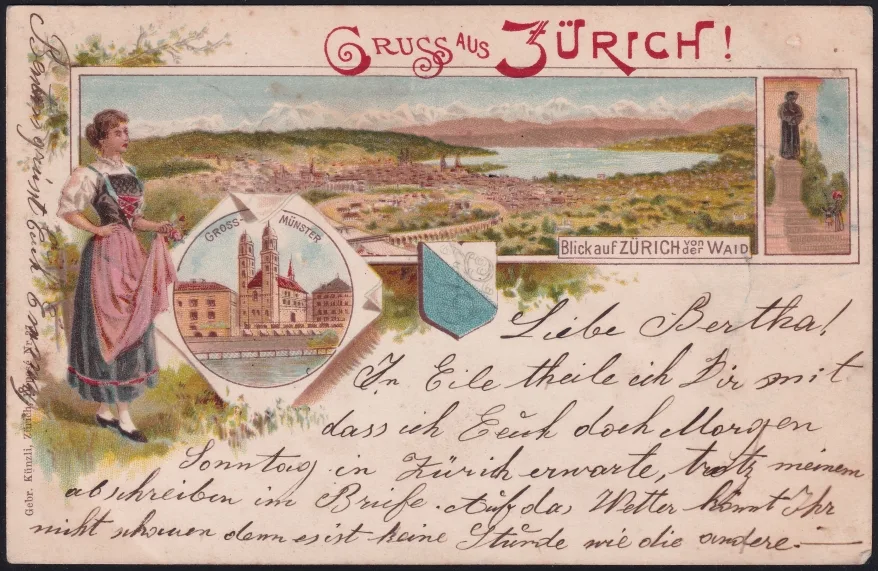 Schweiz Lithographie 1898 "Gruss aus Zürich"