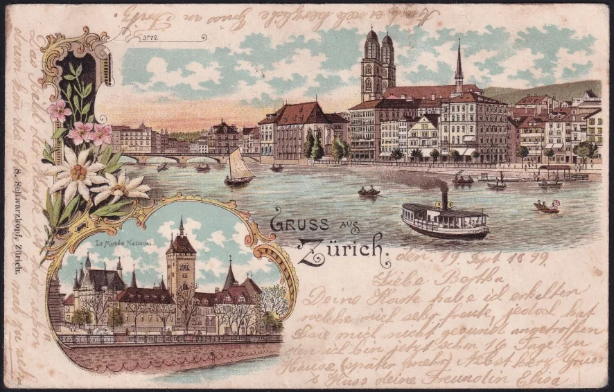 Schweiz Lithographie 1899 "Gruss aus Zürich"