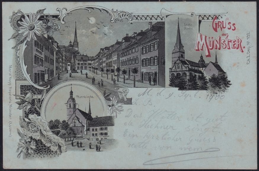 Schweiz Lithographie 1900 "Gruss aus Münster" Mondschein Litho