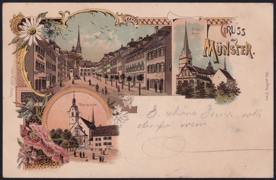 Schweiz Lithographie 1900 "Gruss aus Münster"