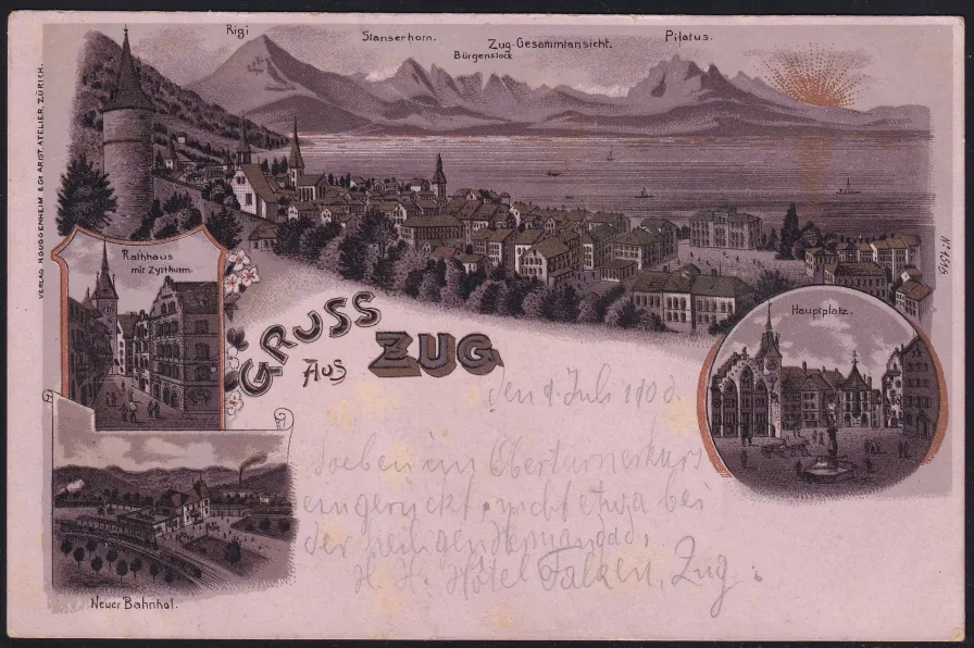 Schweiz Lithographie 1900 "Gruss aus Zug" Sonnenuntergangs-Litho