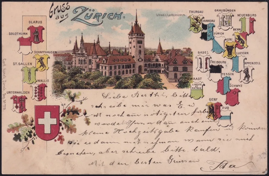 Schweiz Lithographie 1900 "Gruss aus Zürich" mit Kantonswappen