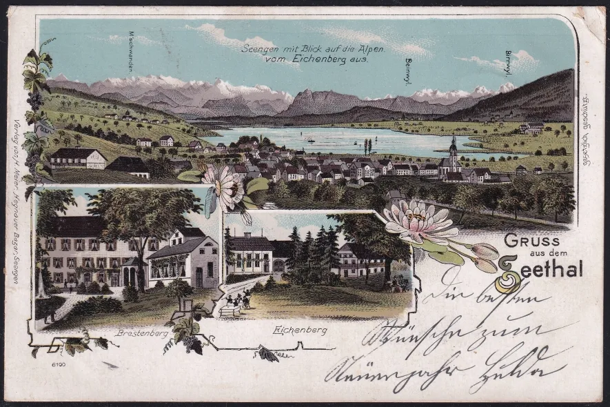 Schweiz Lithographie 1900 "Gruss aus dem Seethal"