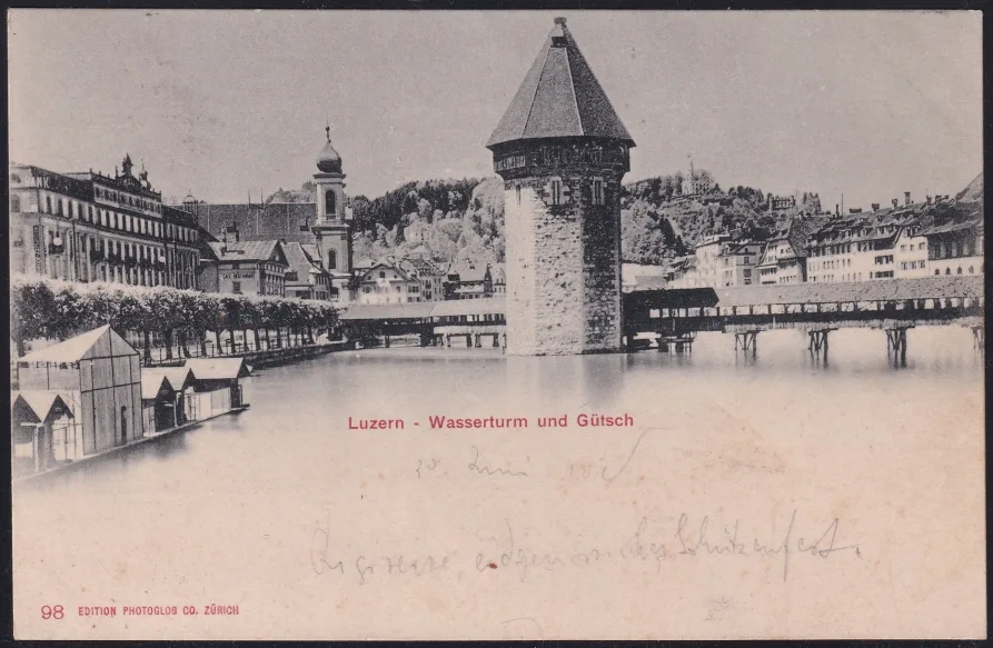 Schweiz Lithographie 1901 "Luzern - Wasserturm und Gütsch"