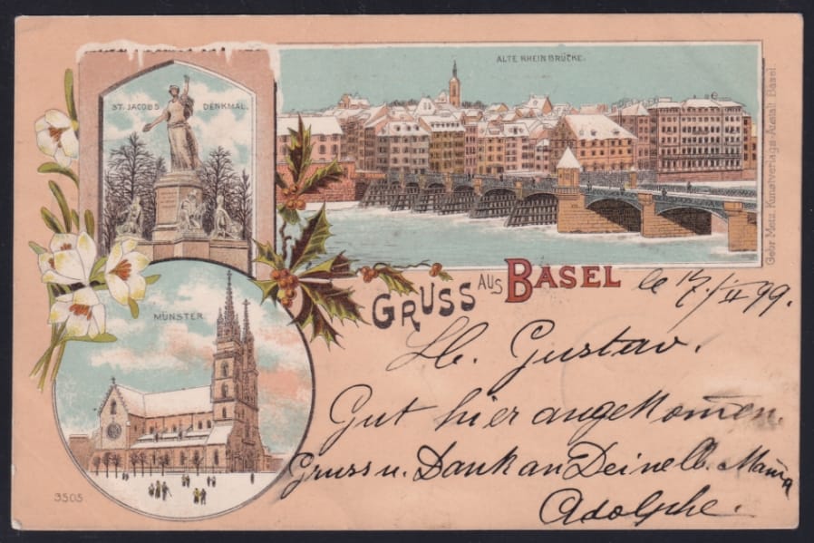Schweiz Lithographie Gruss aus BASEL, 3 Bilder