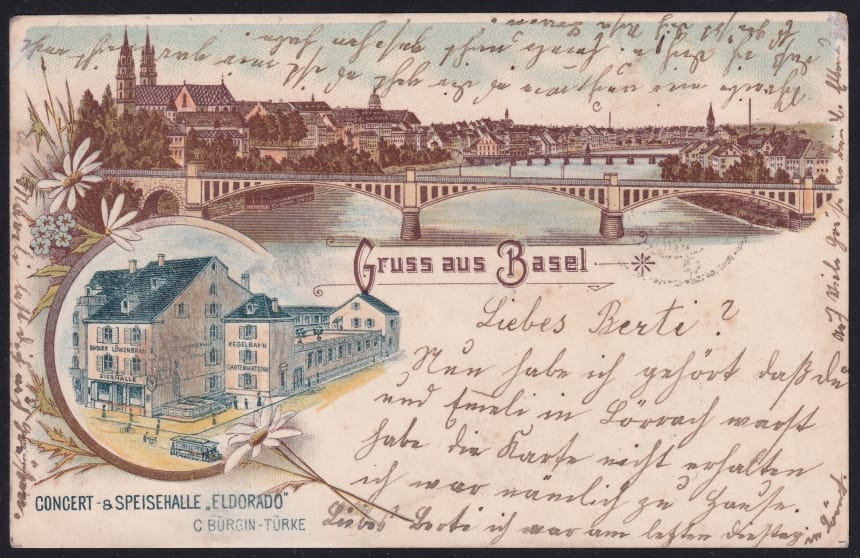 Schweiz Lithographie Gruss aus BASEL, Speisehalle ELDORADO