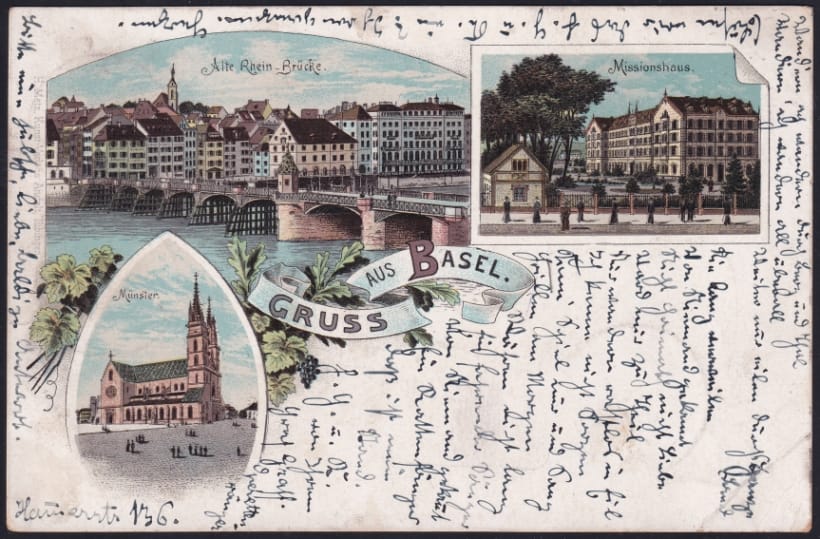 Schweiz Lithographie Gruss aus Basel, 3 Bilder