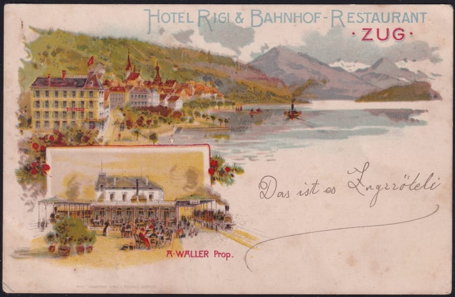 Schweiz Lithographie "Hotel Rigi und Bahnhof-Restaurant ZUG"