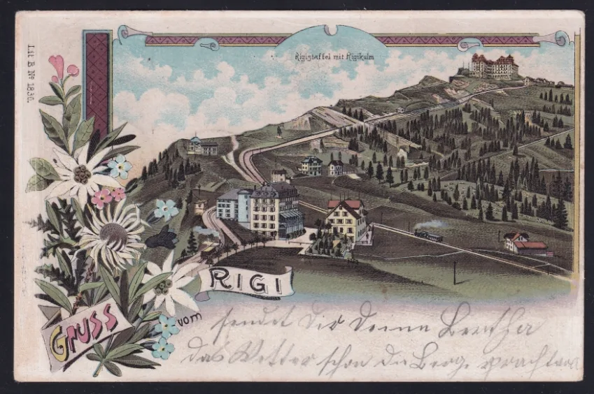 Schweiz Lithographien, Gruss vom Rigi, Farblitho