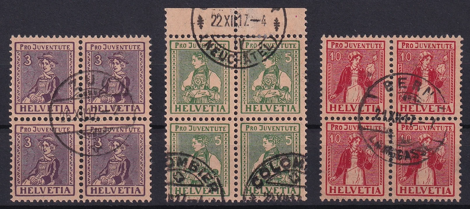 Schweiz Pro Juventute 1917 SBK Nr. J7 bis J9 im 4er Block gestempelt