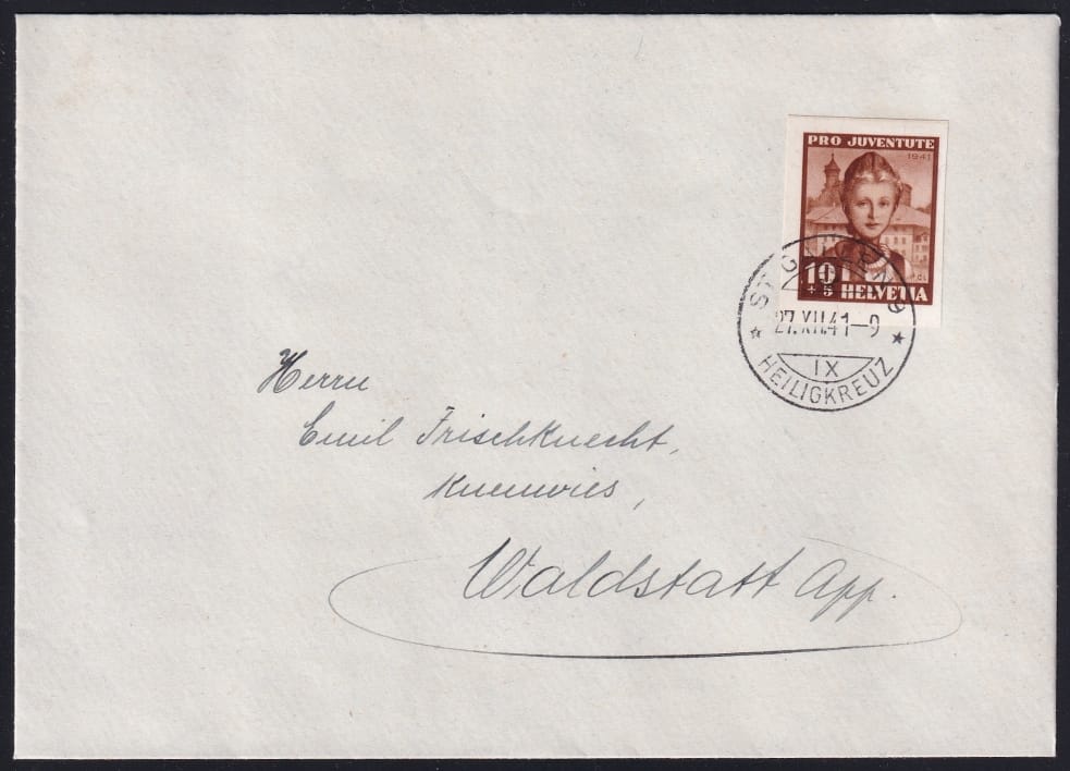 Schweiz Pro Juventute 1941 SBK Nr. J98I Blockausschnitt auf Brief entwertet St. Gallen Heiligkreuz