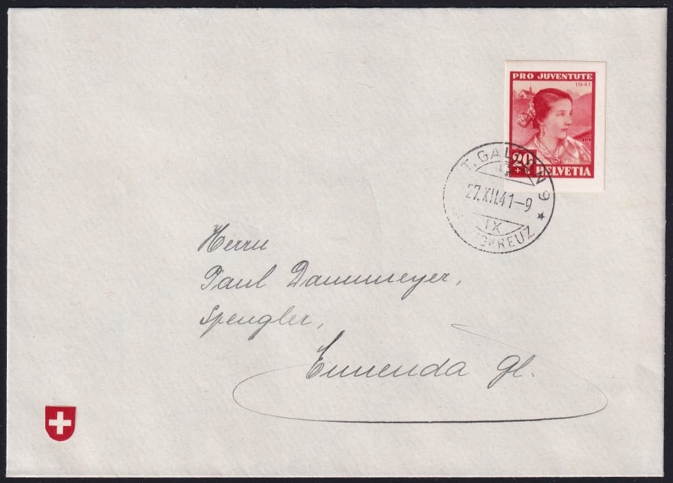 Schweiz Pro Juventute 1941 SBK Nr. J99I Blockausschnitt auf Brief entwertet St. Gallen Heiligkreuz