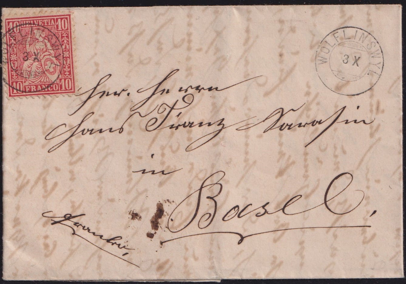 Schweiz Sitzende Helvetia Nr.38 mit Zwergstempel WÖLFLINSWIL