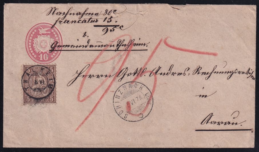 Schweiz Sitzende Helvetia, auf 10Rp. Tübelibrief, Zwergstempel