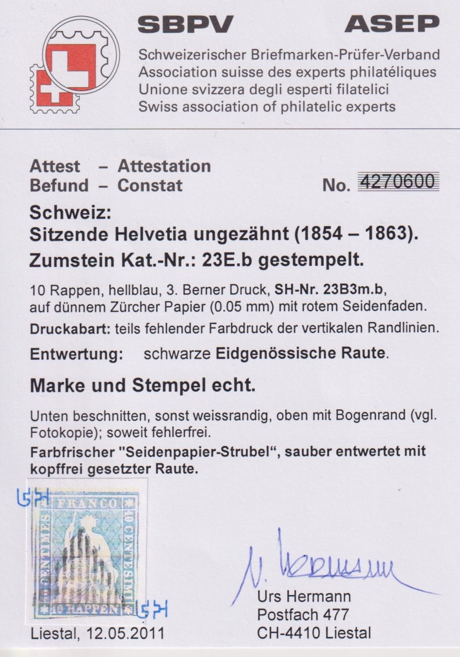 Schweiz Strubeli 1854 Nr. 23 E.b, gestempelt, Att.Hermann – Bild 3