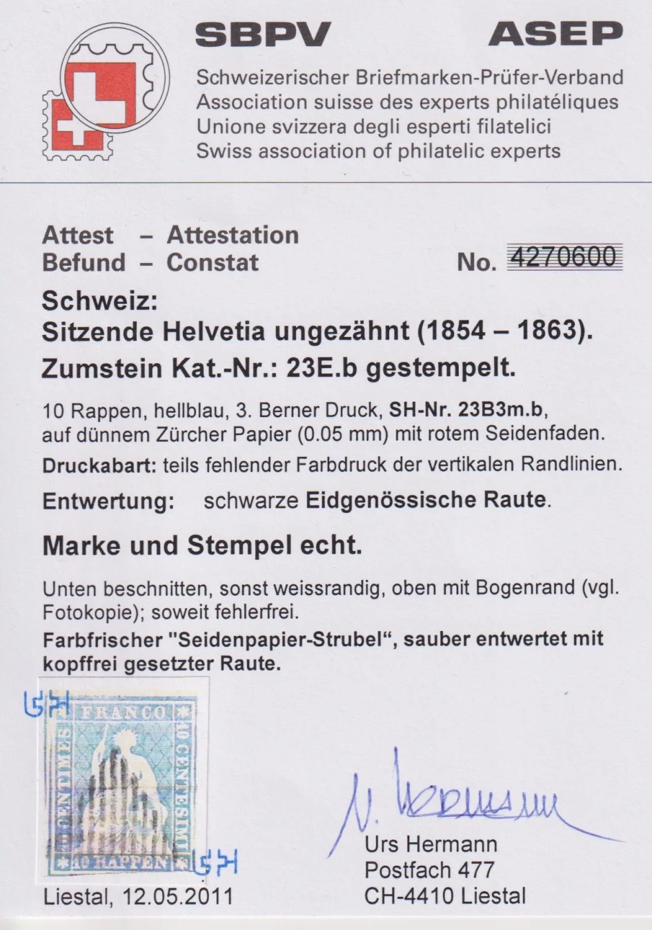 Schweiz Strubeli 1854 Nr. 23 E.b, gestempelt, Att.Hermann – Bild 3